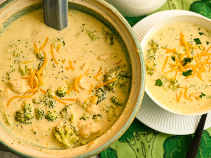 keto broccoli cheese slow cooker soup served in a soup tureen
