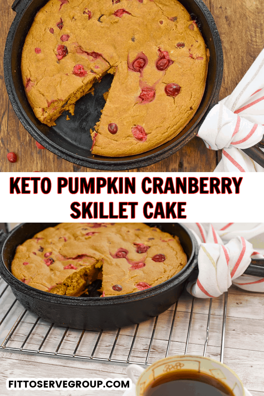 Keto pumpkin cranberry cake made in a cast iron skillet