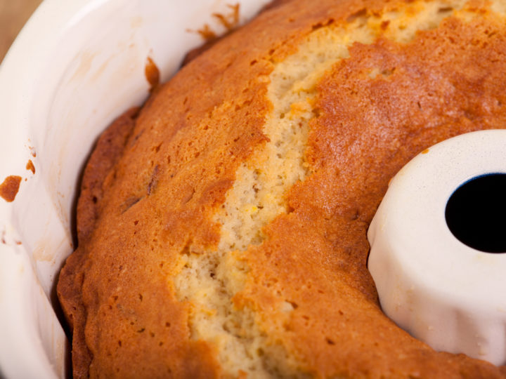 close up image of keto sour cream pound cake baked in a bundt pan