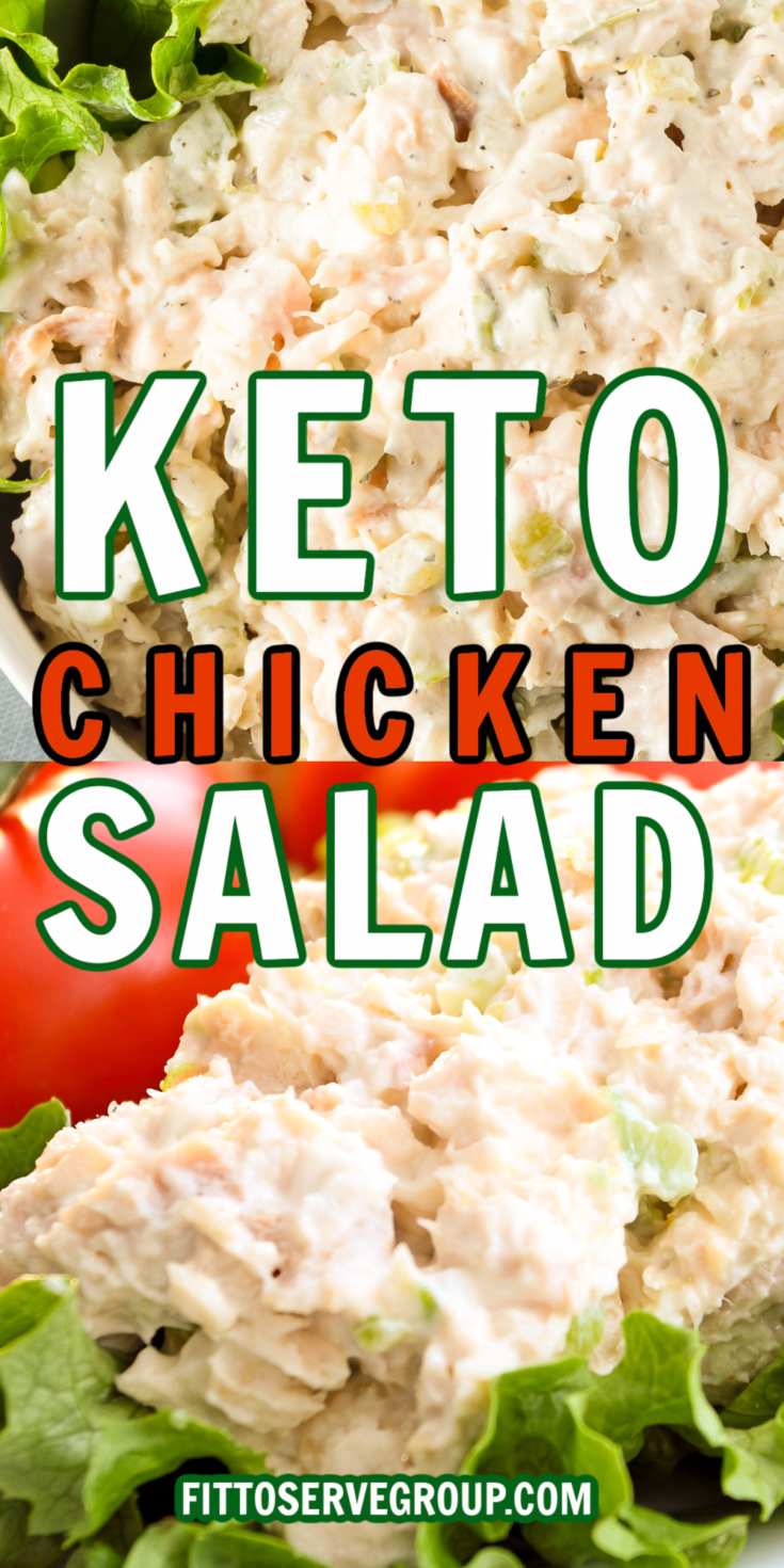 Close up images of keto chicken salad served on bed of romaine lettuce