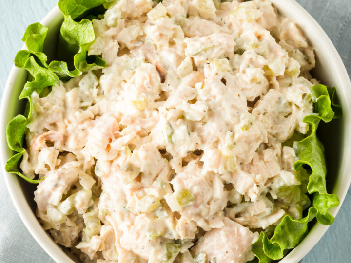 Low Carb Chicken Salad in a White Bowl