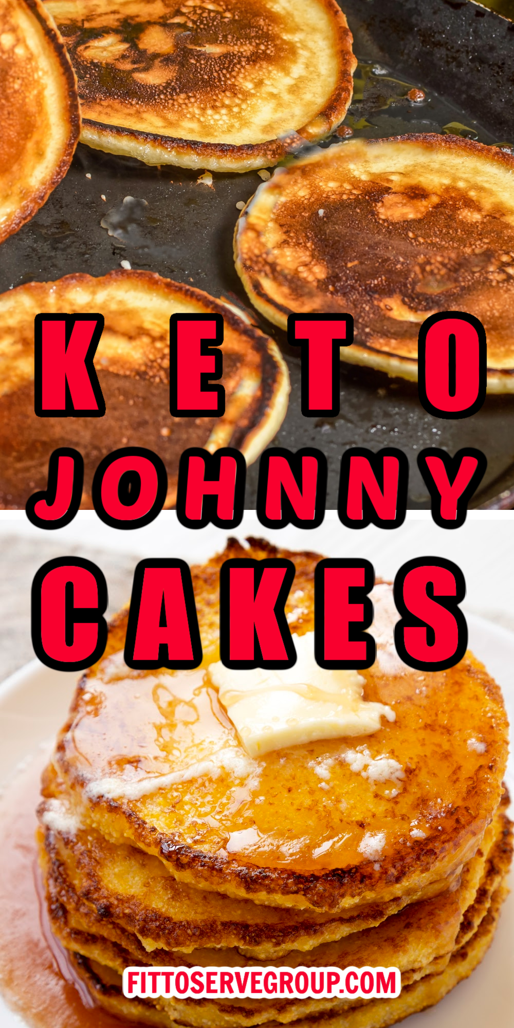 Keto Johnny cakes made in a black skillet and then served stacked on a white plate 