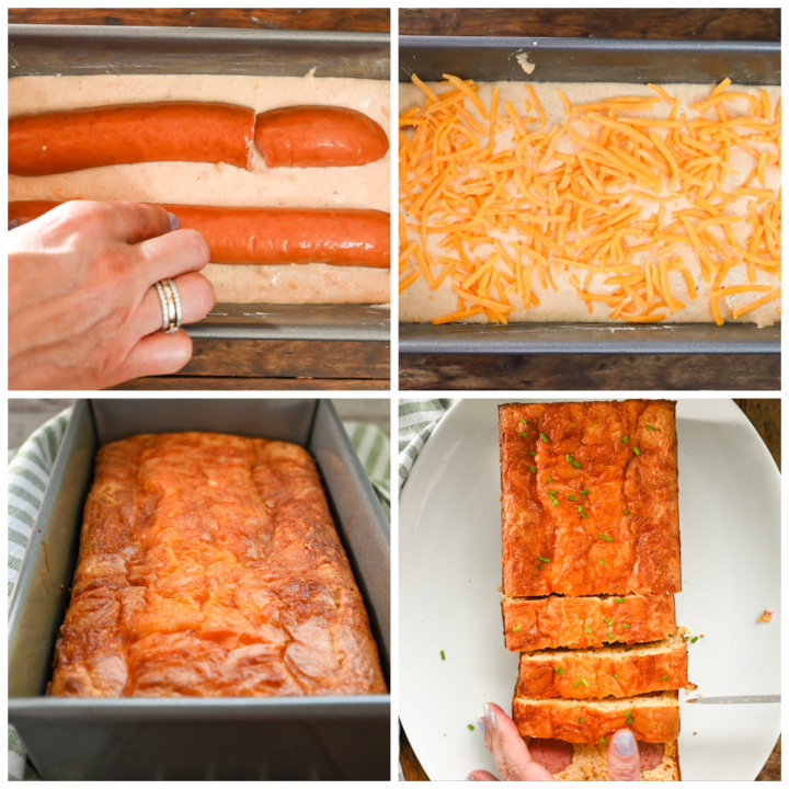 keto kielbasa cornbread process pictures that include the batter with the sausage, with the shredded cheese, baked in a rectangle loaf and sliced on a white plater