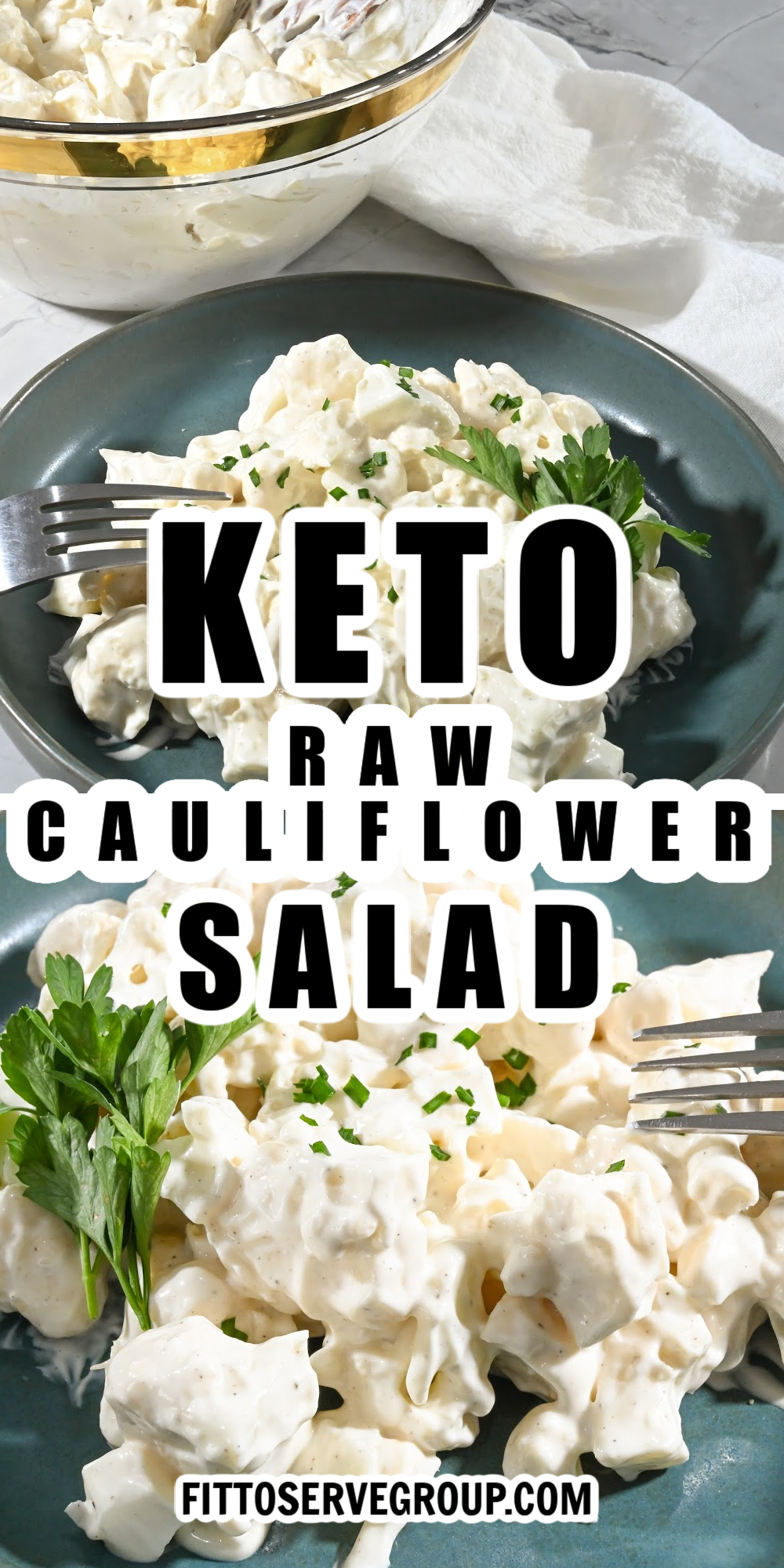 keto raw cauliflower served in a teal plate with a marble background