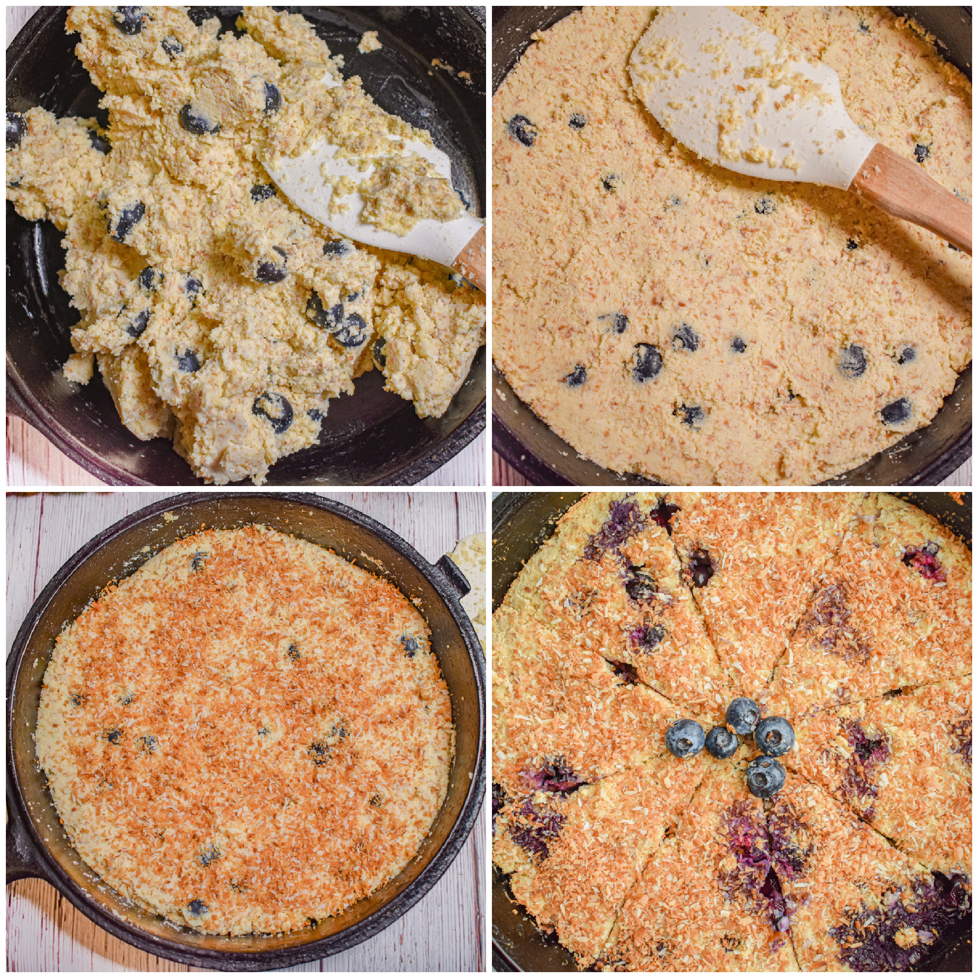 keto blueberry toasted coconut skillet cake process collage