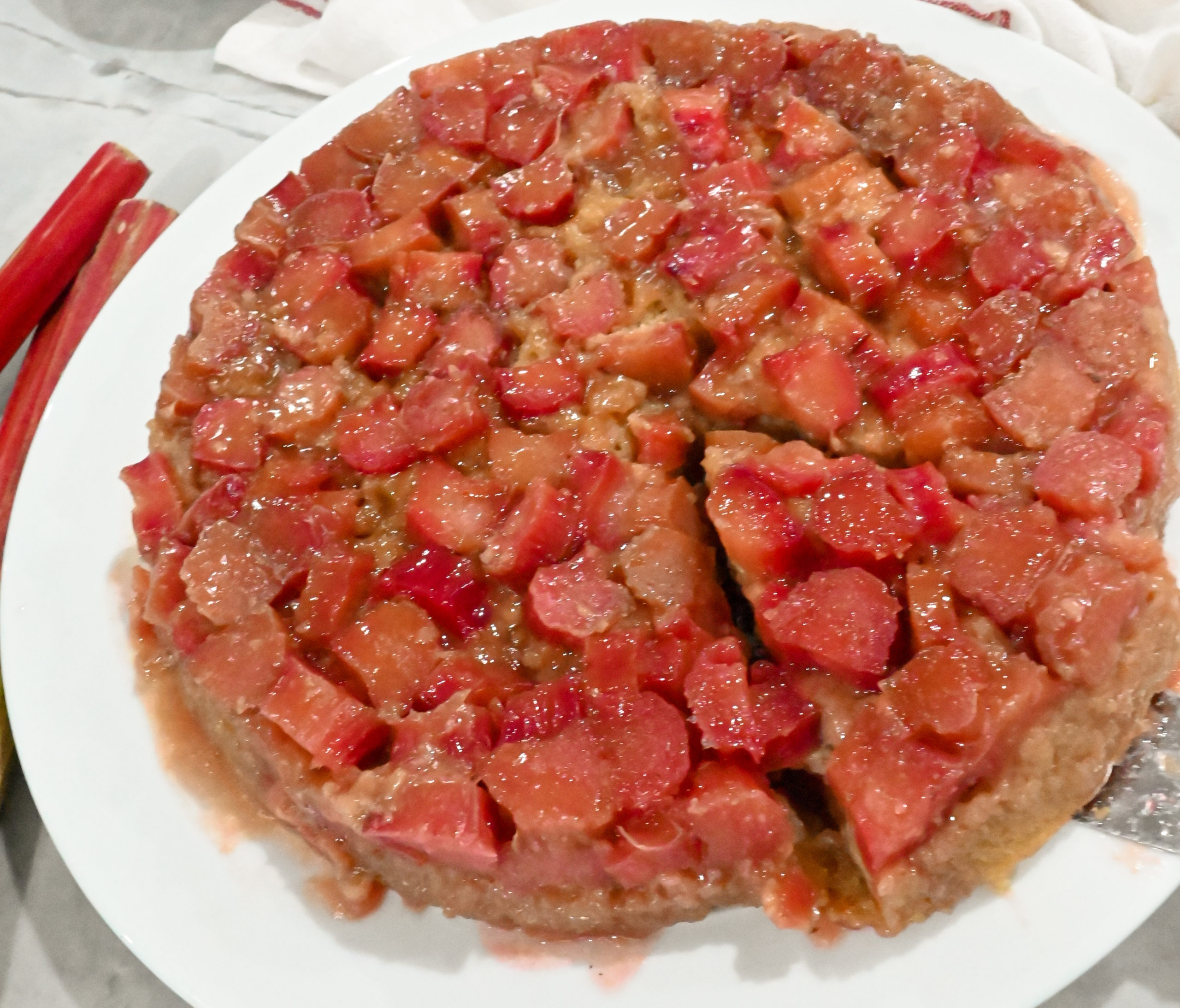 keto rhubarb upside down cake inverted and ready to serve