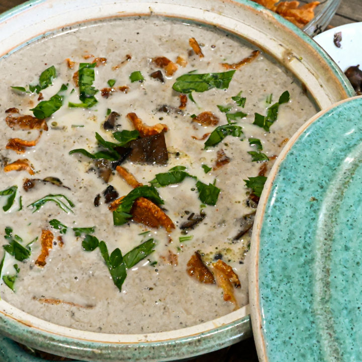 keto cream of mushroom soup served in teal earthen ware
