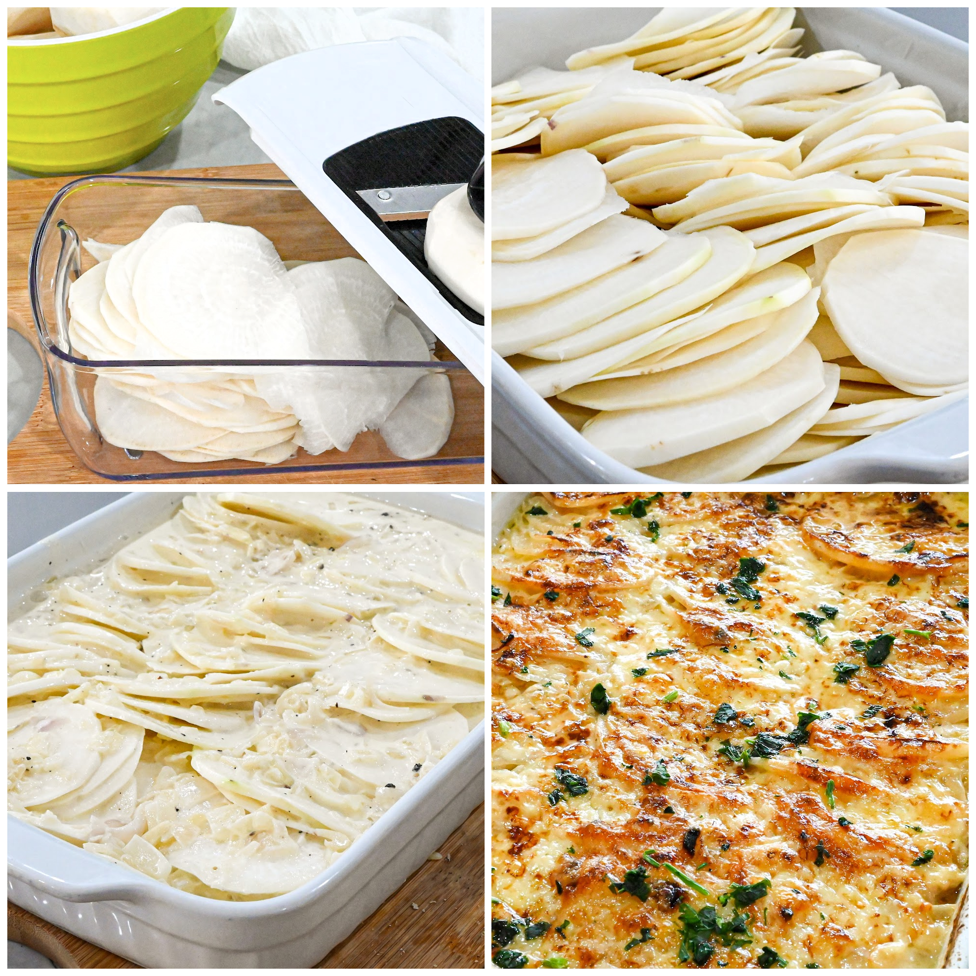 keto scalloped cheesy turnips process pictures collage