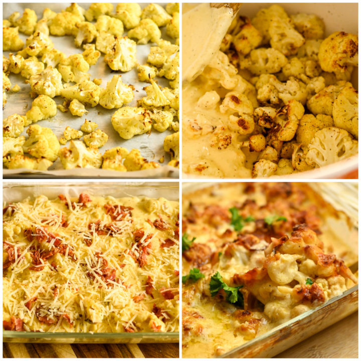 low carb roasted cauliflower mac and cheese casserole process pictures