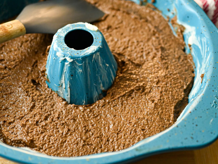 low carb chocolate cake batter in a bundt pan