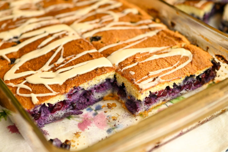 keto blueberry bars baked in rectangle pyrex dish