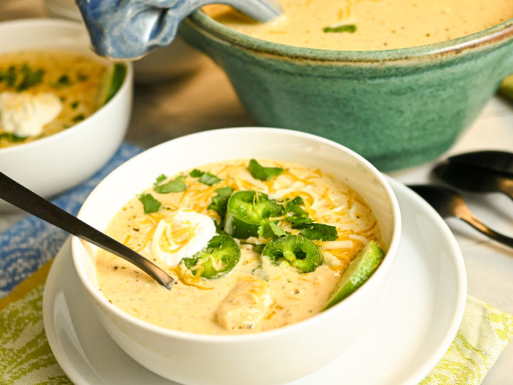 low carb white chicken chili ready and served