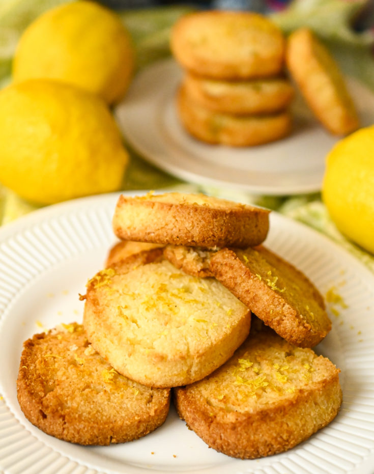 close up image of coconut flour lemon shortbread cookies