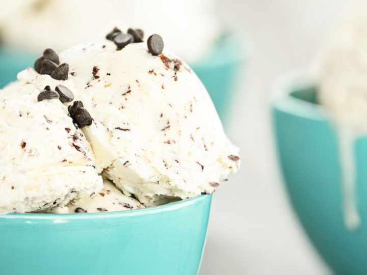 keto chocolate chip ice cream served in teal small bowls