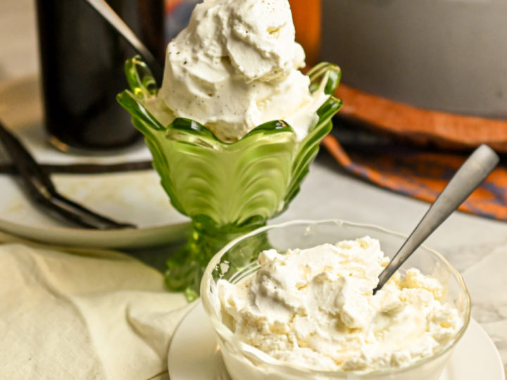 keto vanilla bean ice cream served in two dessert dishes