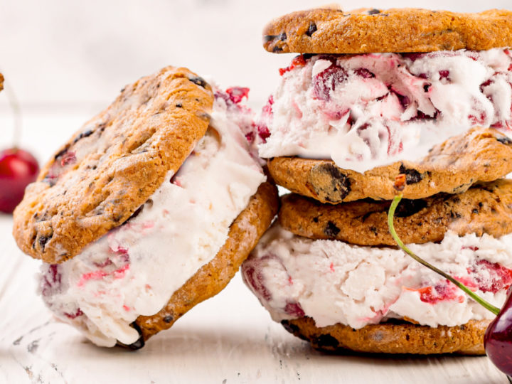keto cherry ice cream sandwiches made with keto chocolate chip cookies