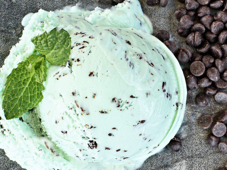 keto chocolate chip mint ice cream scoop with scattered sugar-free chocolate chips