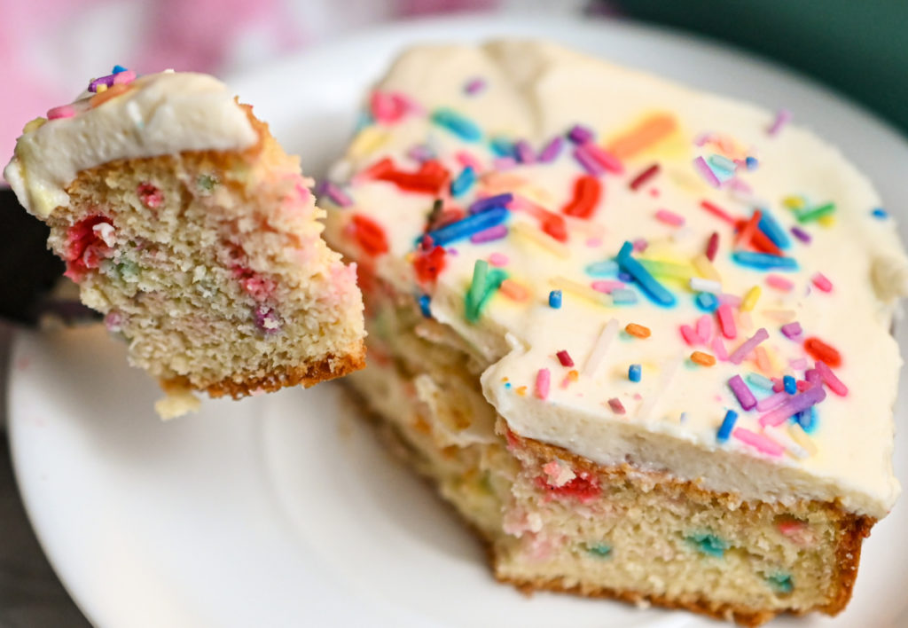 keto birthday funfetti cake slice