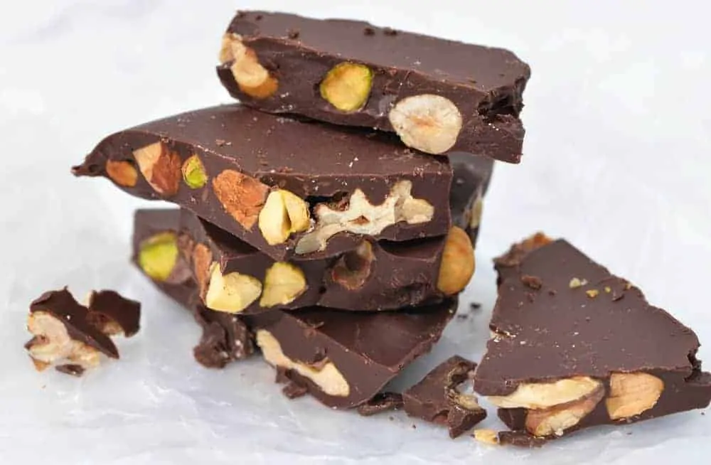 keto chocolate bark with mixed nuts on wax paper