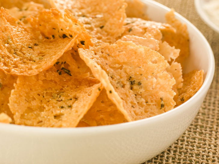 Keto-friendly cheese chips in a bowl