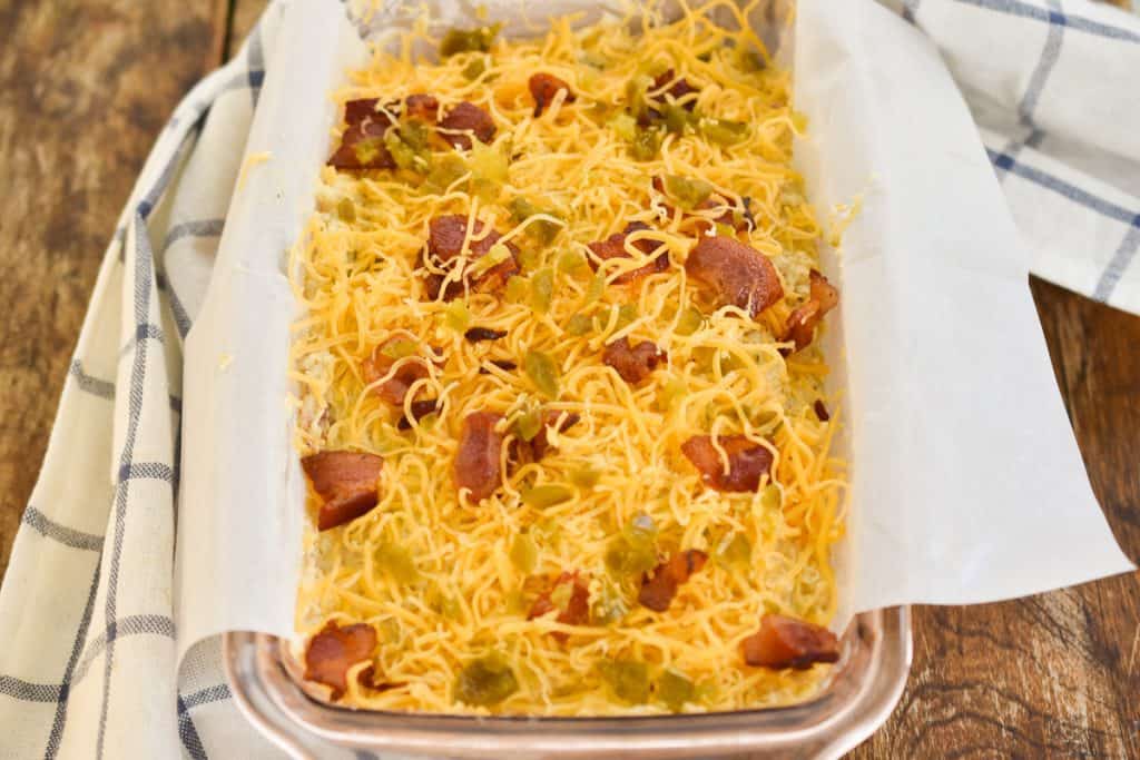 Keto jalapeno bacon cheese bread before baked