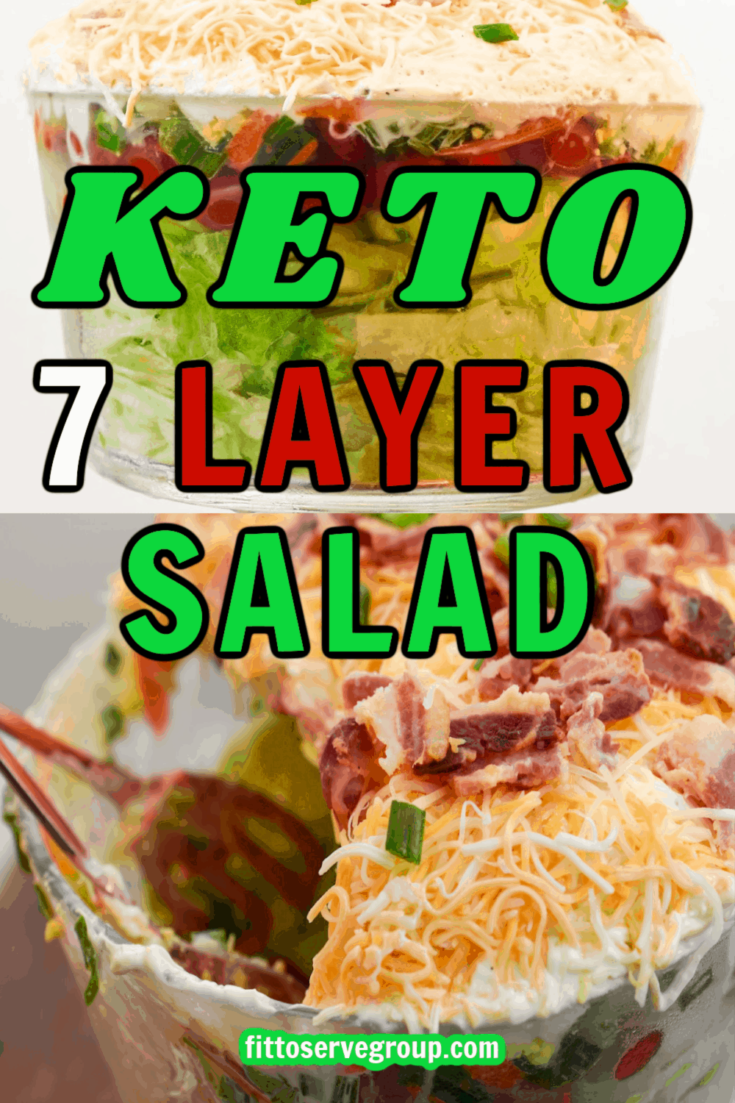 Keto 7 Layer Salad being served out of clear salad bowl