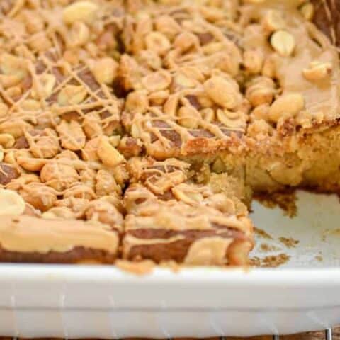 Keto Peanut butter cake bars in a white pyrex