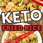 Keto fried rice in two white bowls on top of a wood table