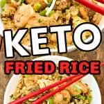 Keto fried rice in two white bowls on top of a wood table