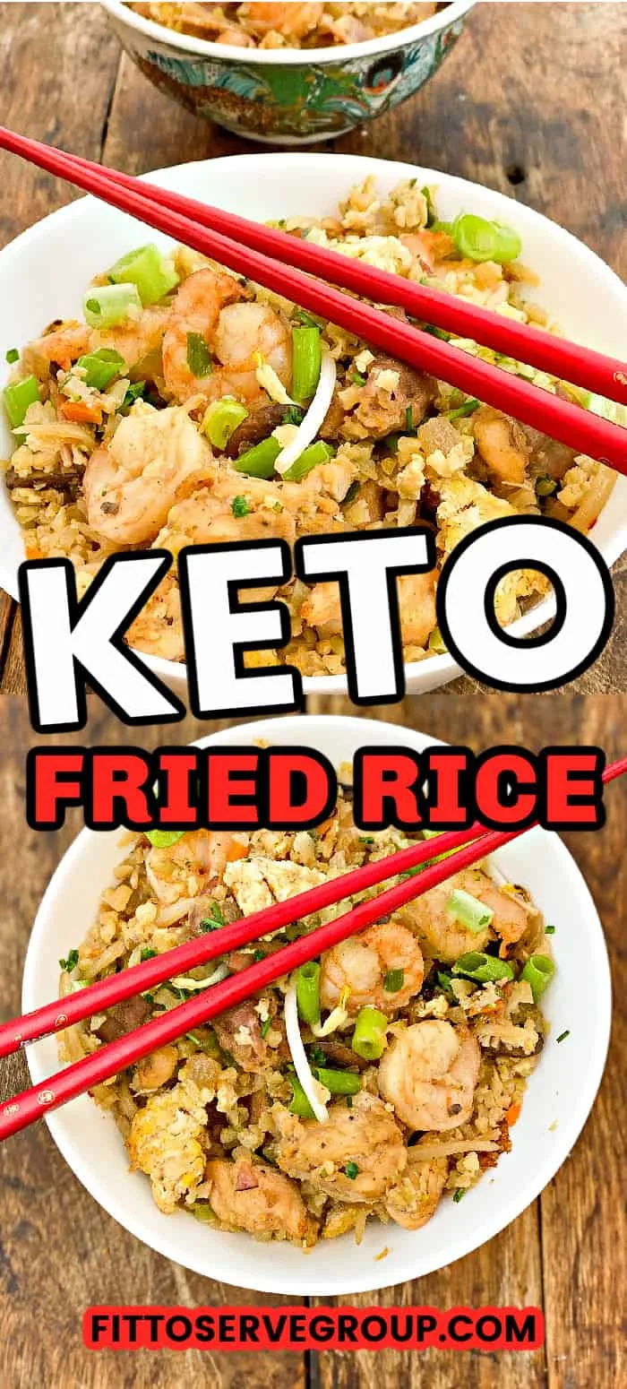 Keto fried rice in two white bowls on top of a wood table