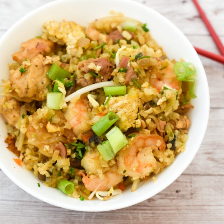 cauliflower keto fried rice in a white bowl