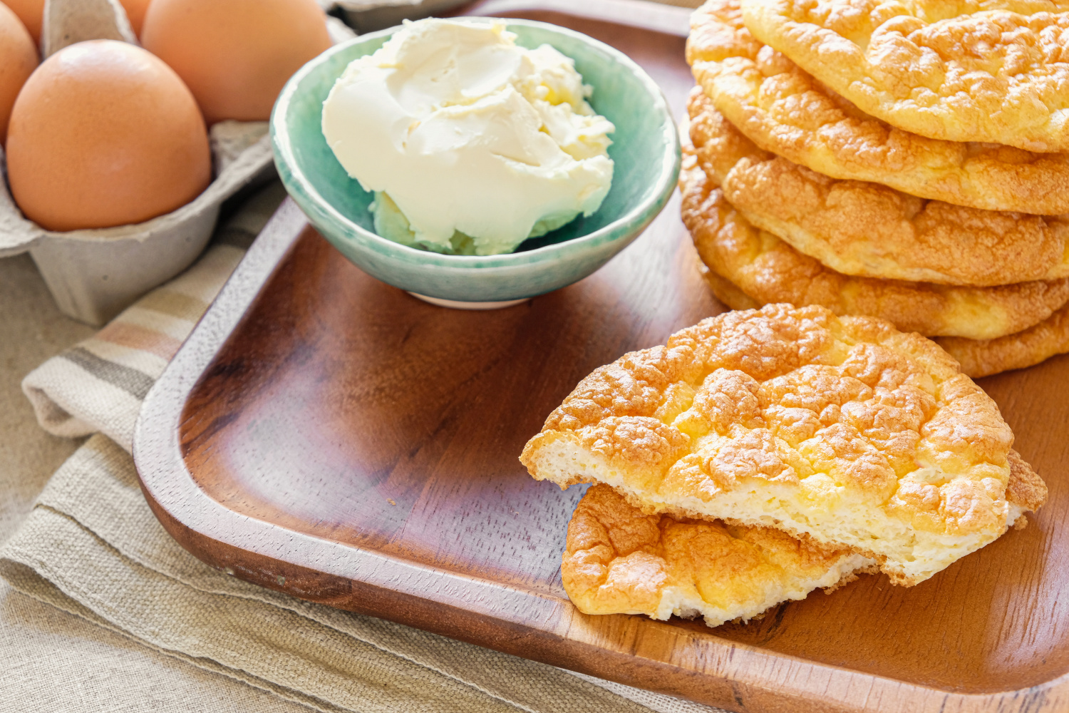 gluten-free cloud bread on a wooden tray