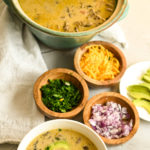 Low carb cheeseburger soup long image with side toppings