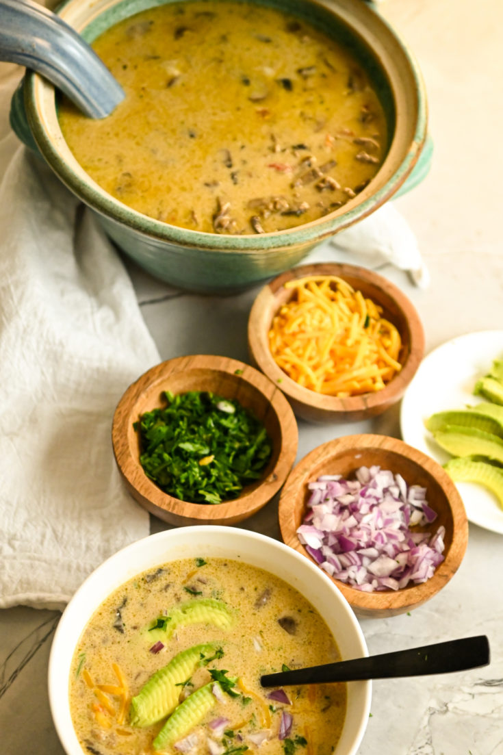 Low carb cheeseburger soup long image with side toppings