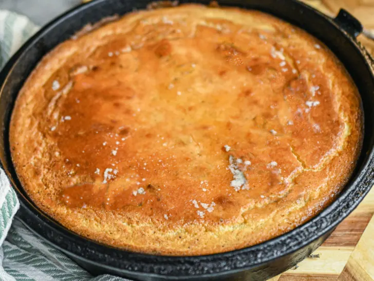 easy keto cornbread baked in a cast iron skillet