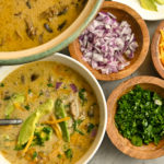 keto cheeseburger soup served with toppings in small wood bowls