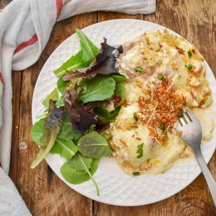 keto chicken cordon bleu casserole served with salad