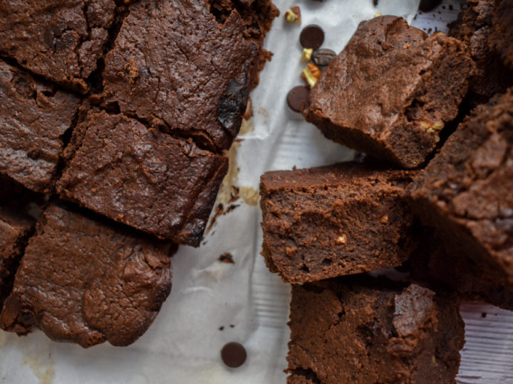 keto mocha blackout brownies on parchment paper close up