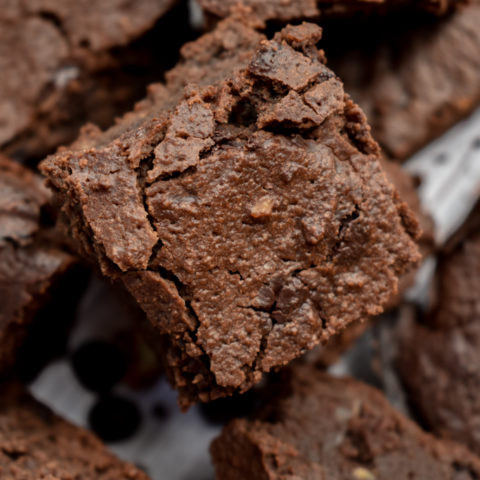 keto mocha blackout brownies stacked close up