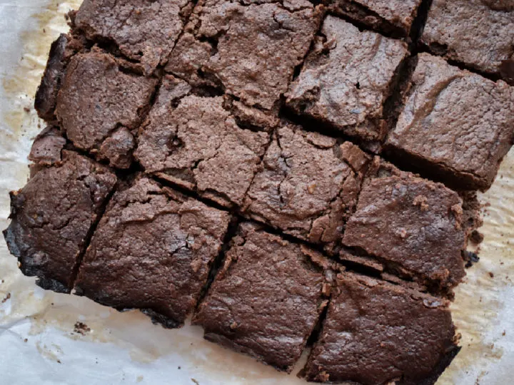 keto mocha brownies sliced on parchment paper ready to serve