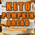 Keto pumpkin bread with cream cheese frosting sliced and stacked on a white plate
