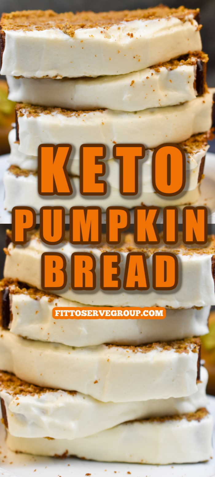 Keto pumpkin bread with cream cheese frosting sliced and stacked on a white plate
