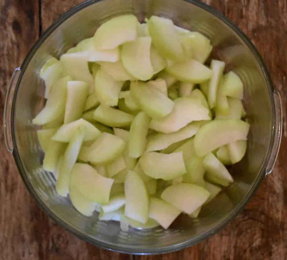 Sliced chayote squash in prep for keto apple cobbler