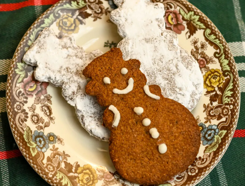 keto gingerbread cookies on a vintage Christmas cookies