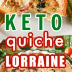 Keto Quiche Lorraine baked in a green lined pie plate and served on a white plate