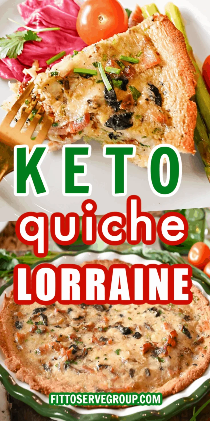 Keto Quiche Lorraine baked in a green lined pie plate and served on a white plate