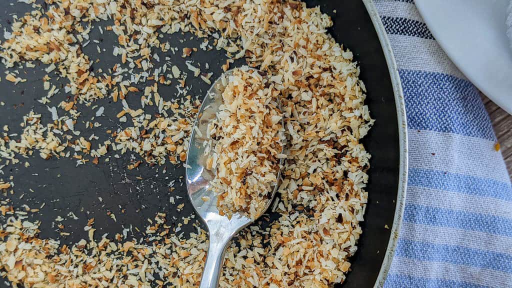 toasted unsweetened coconut in a pan