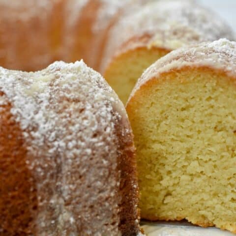 Keto brown butter cake baked in a bundt pan