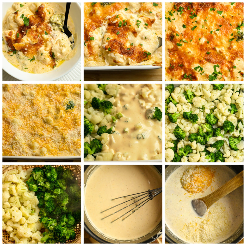 keto cauliflower broccoli mac and cheese bake process pictures