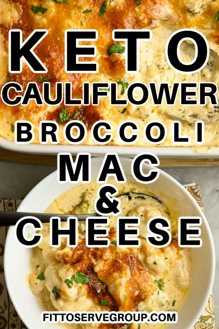 keto cauliflower broccoli mac and cheese casserole served in small dishes